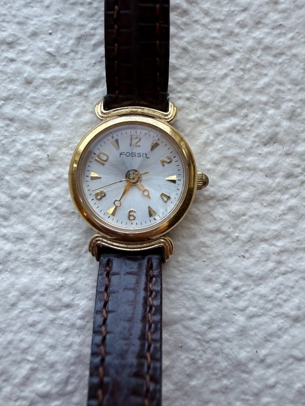 Vintage Fossil Gold Tone Mini Watch Brown Leather Strap
